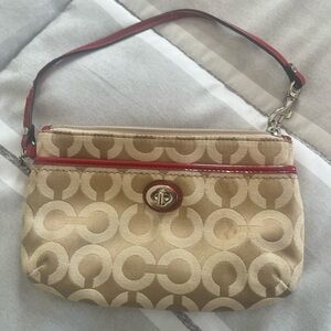 Coach Tan and Red Clutch Monogram Wristlet
